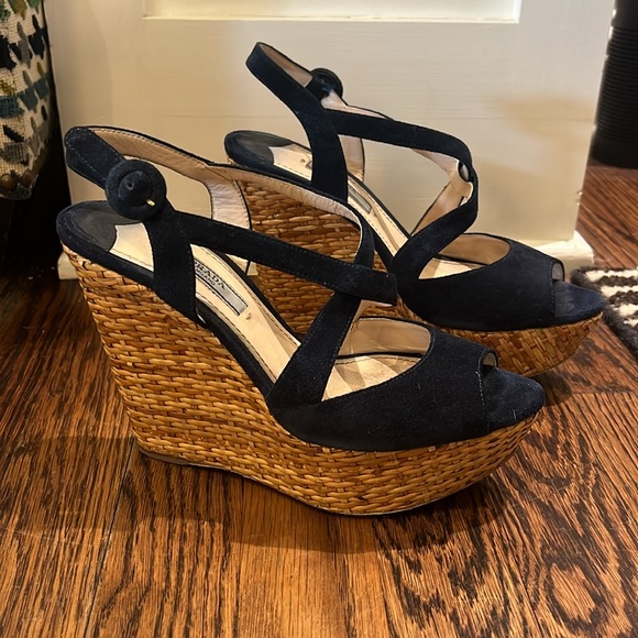 Prada Navy Suede Wicker Wedge Sandal - Picture 2 of 12